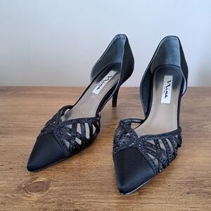 Nina New York  Beautiful Beaded Black Strappy Heels Pointed Toe Women's Size 7.5